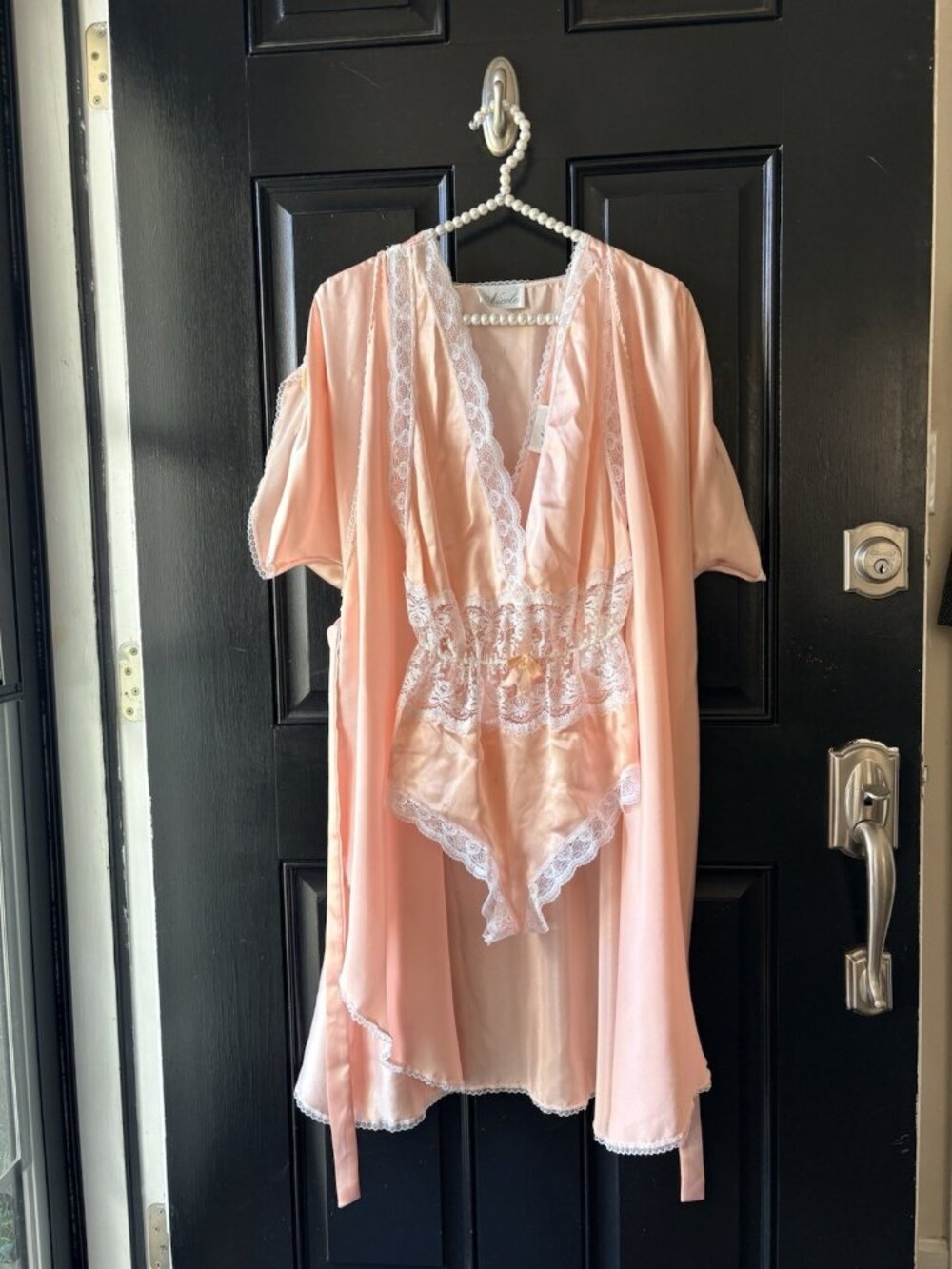 VTG Nicole Peach Pink Satin Lace Teddy Bodysuit Robe Set Size S/M - Picture 15 of 15